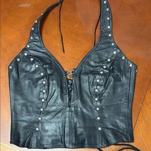 Rebel Spirit Black Leather Halter Top with Silver Studs